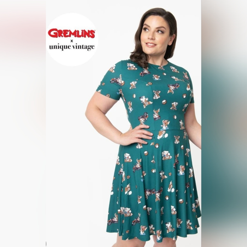 Unique Vintage Gremlins Print Fit and Flare Dress - Size XL/14